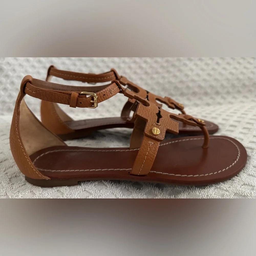 Tory Burch Phoebe Flat Thong Tumbled Leather Sandal Royal Tan Brown Size 6 30437 - Picture 7 of 16